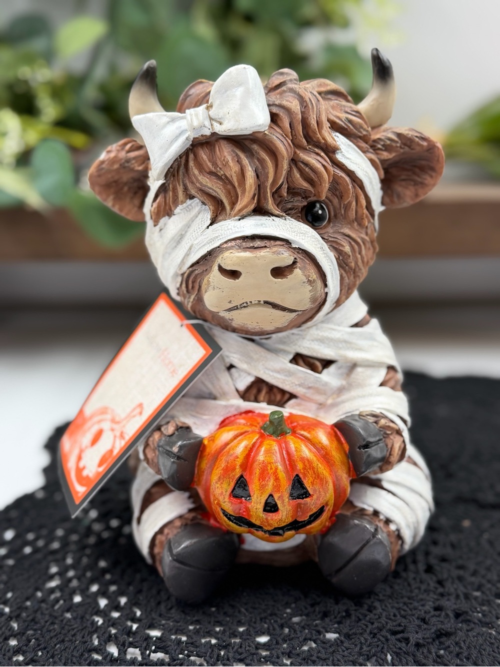 viral hallow home mummy highland cow with jack o lantern resin figurine